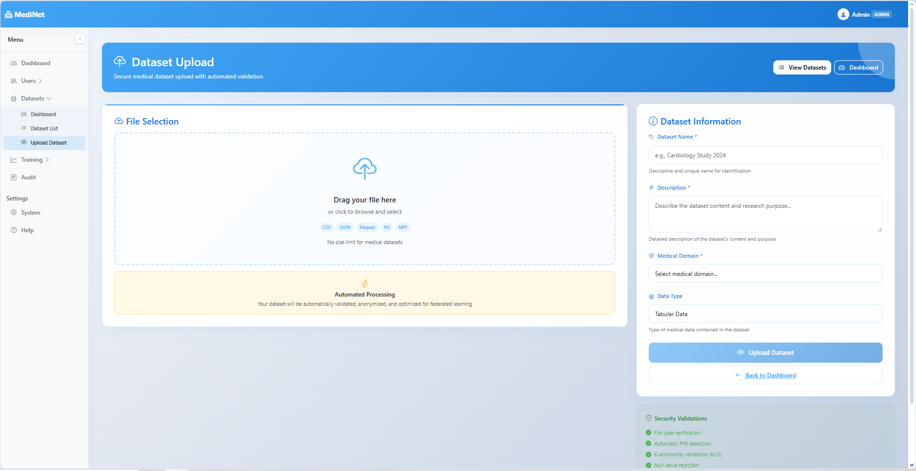 Dataset upload interface showing file selection area and dataset information form