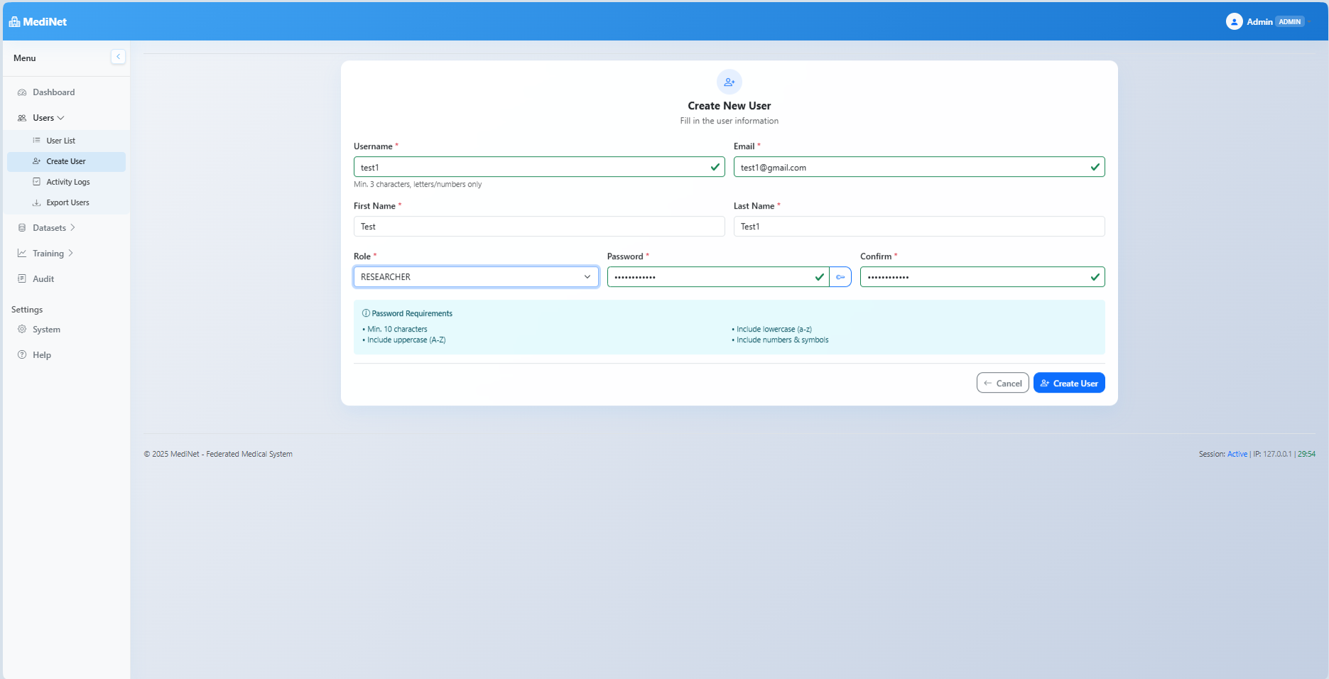 User creation form with fields for username, email, name, role selection, and secure password generation