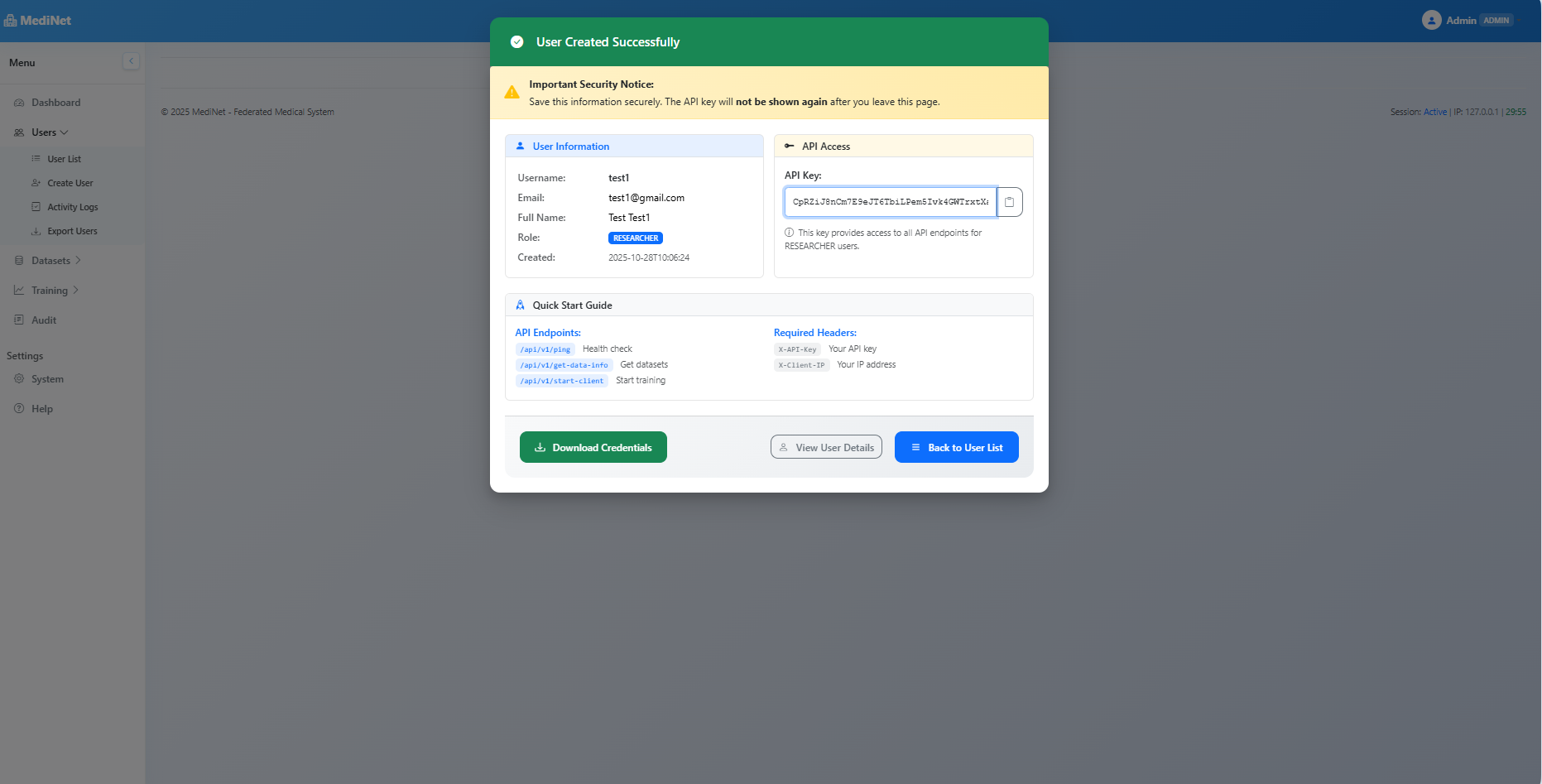 User creation success modal showing credentials, API key, endpoint reference, and download option