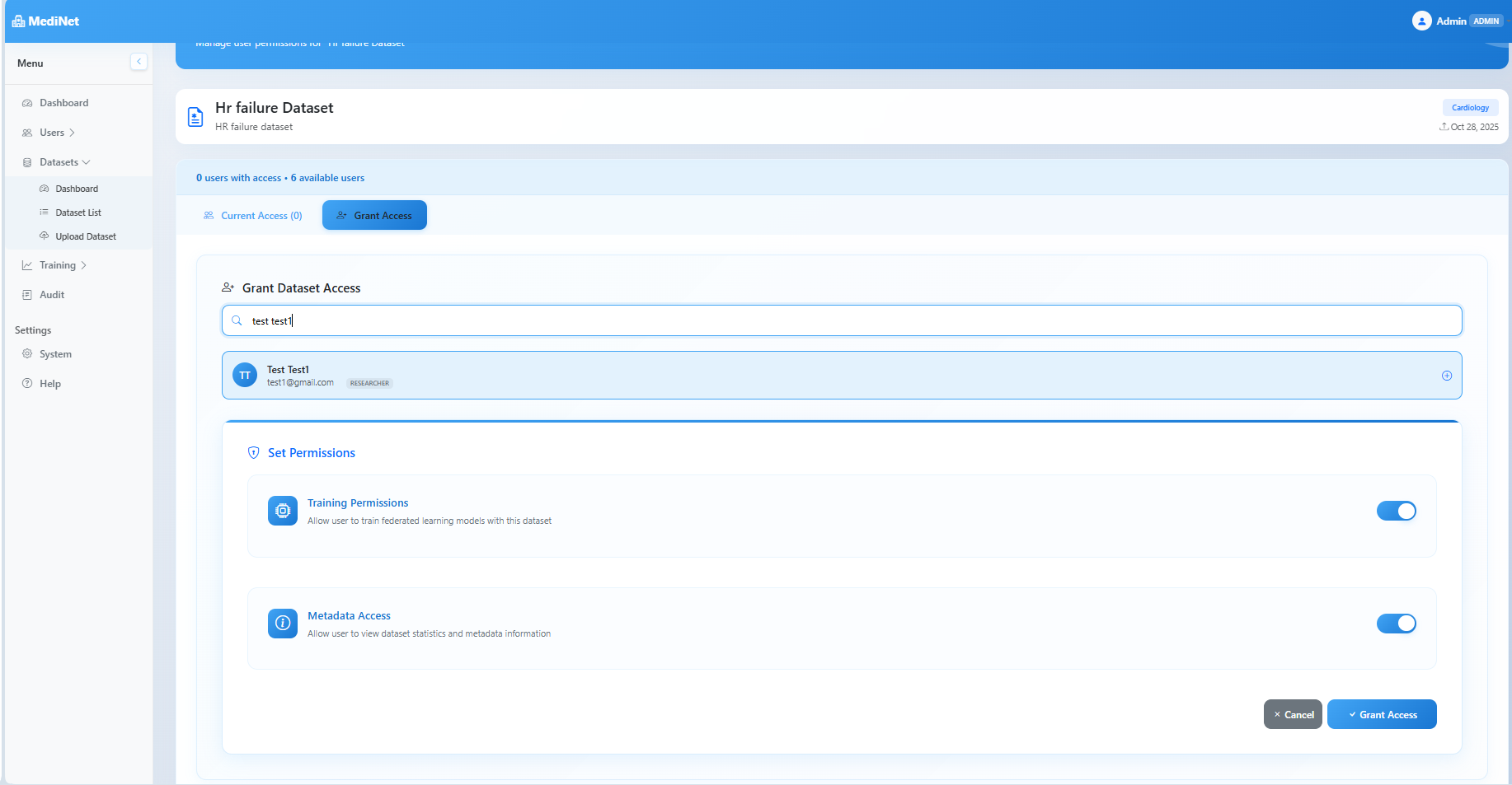 Grant Access interface showing user search and permission toggles for training and metadata access