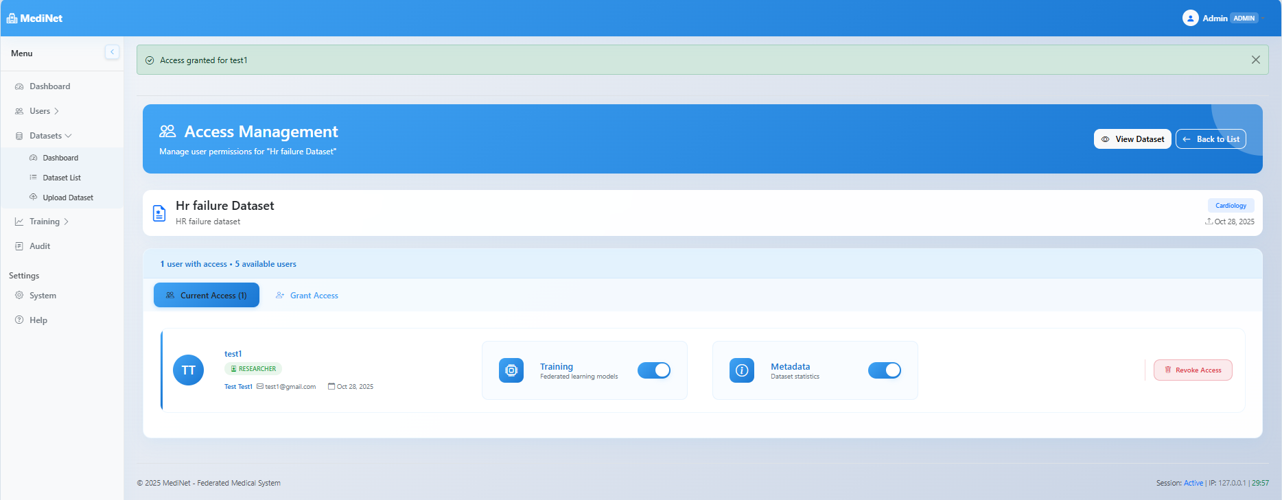 Current Access view showing granted user with permission toggles and revoke access button