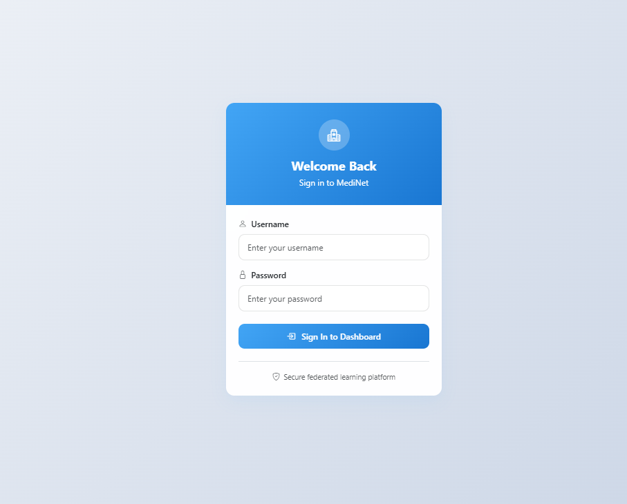 MediNet Node administrator login screen with username and password fields