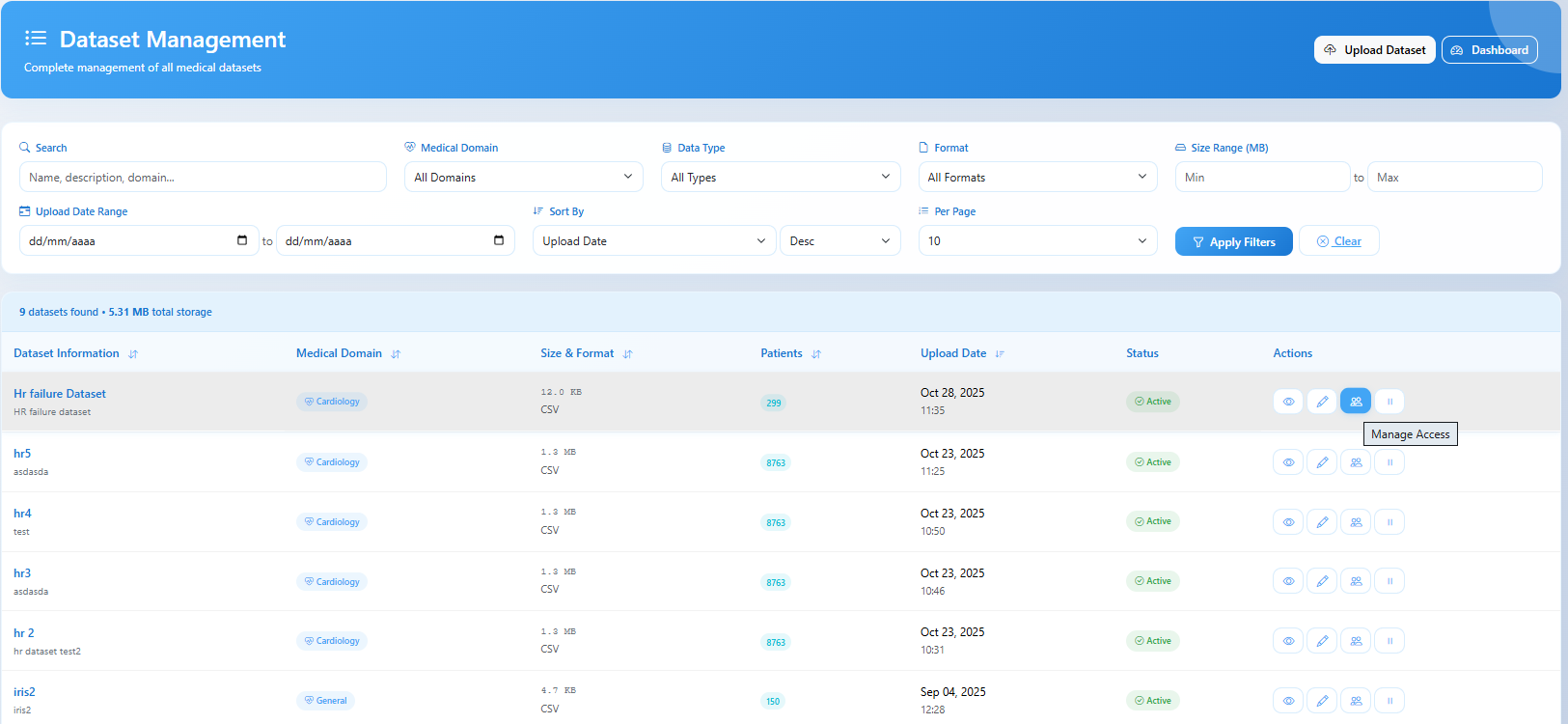 Manage Access button in dataset actions column