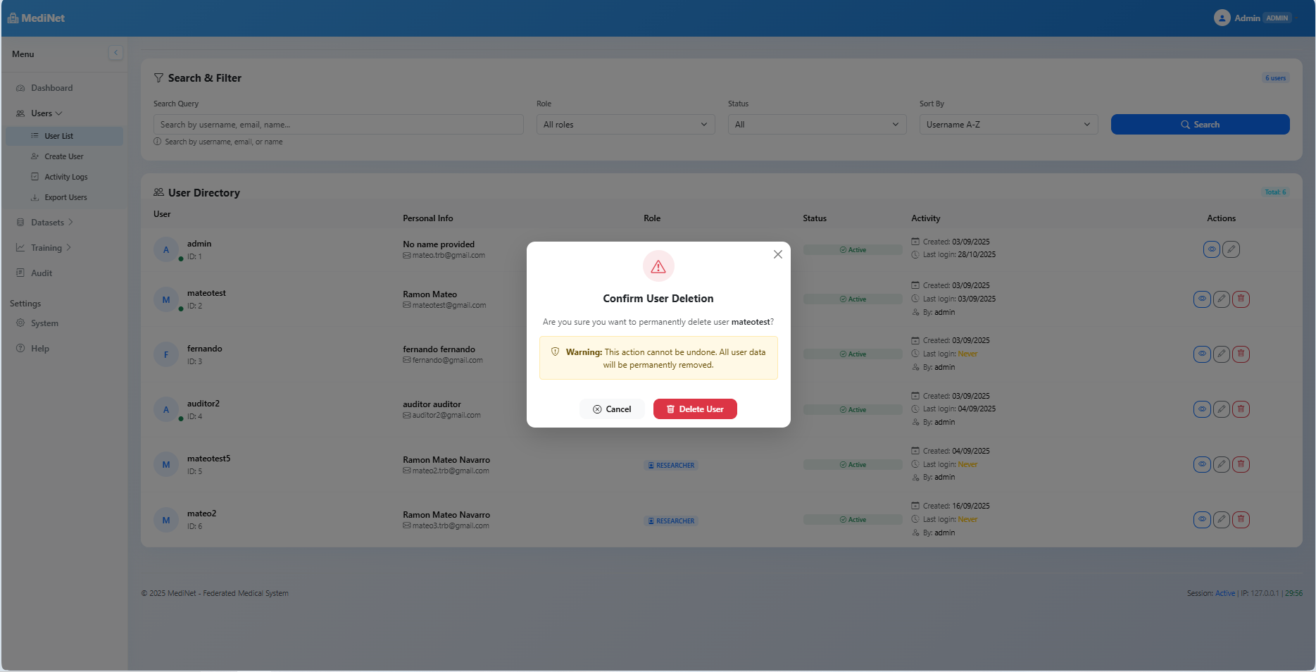 User deletion confirmation modal with warning message and delete/cancel buttons