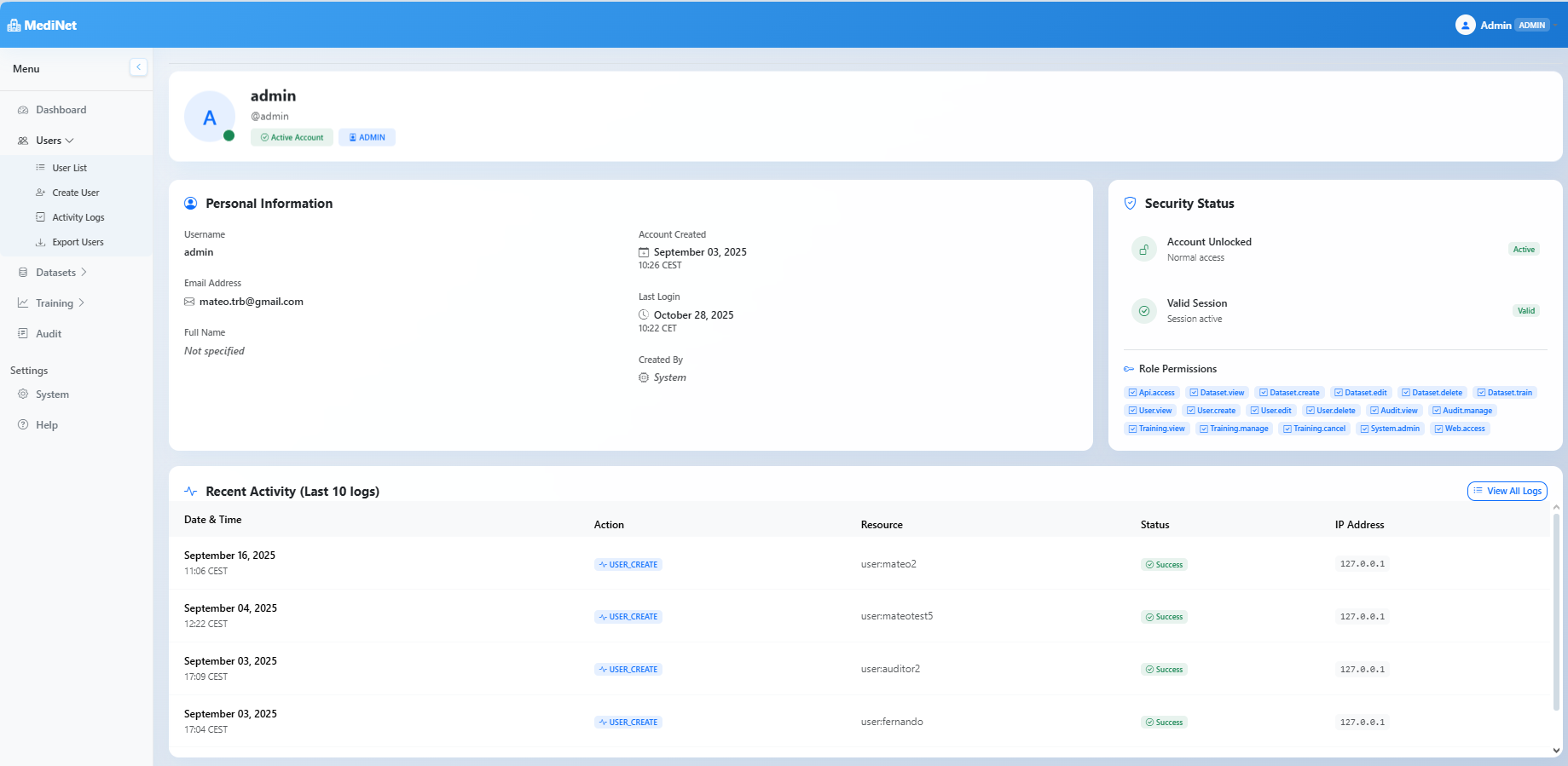 User details page showing personal information, security status, role permissions, and recent activity logs