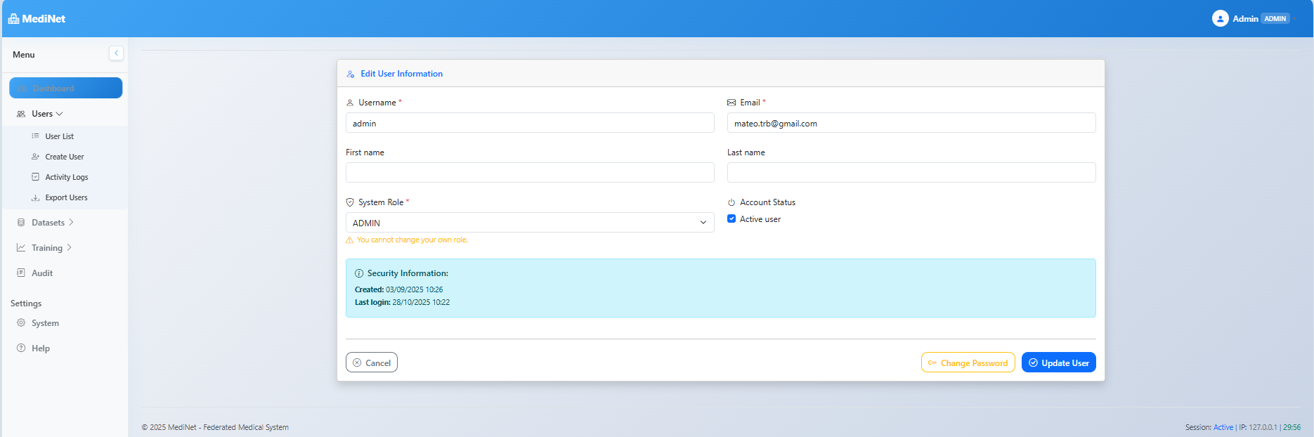 User edit form with fields for username, email, name, system role, account status, and password management