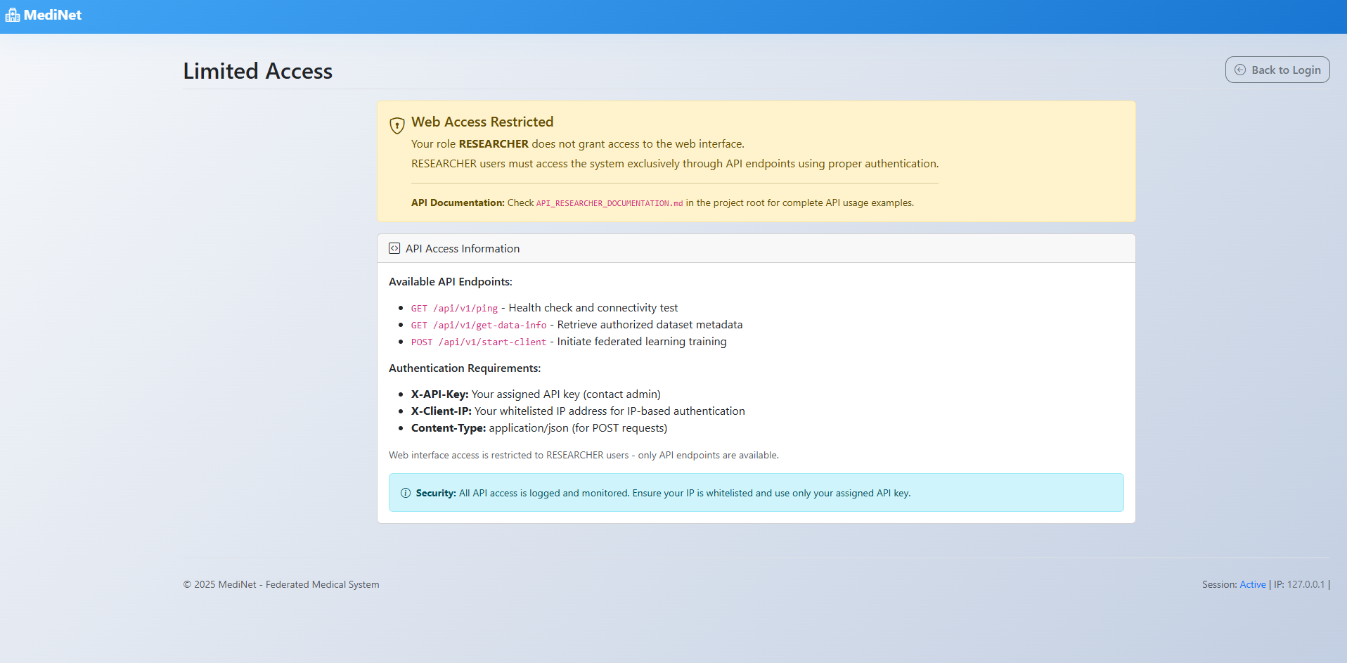 Limited Access screen showing web access restricted message for researcher role with available API endpoints