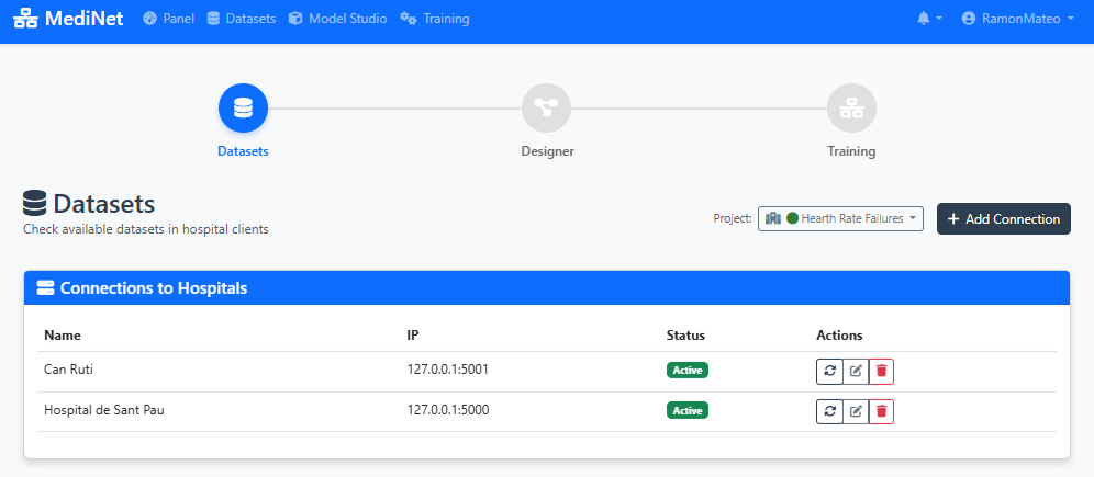 Connection status monitoring panel showing real-time connectivity indicators for multiple hospitals with green, yellow, and red status dots