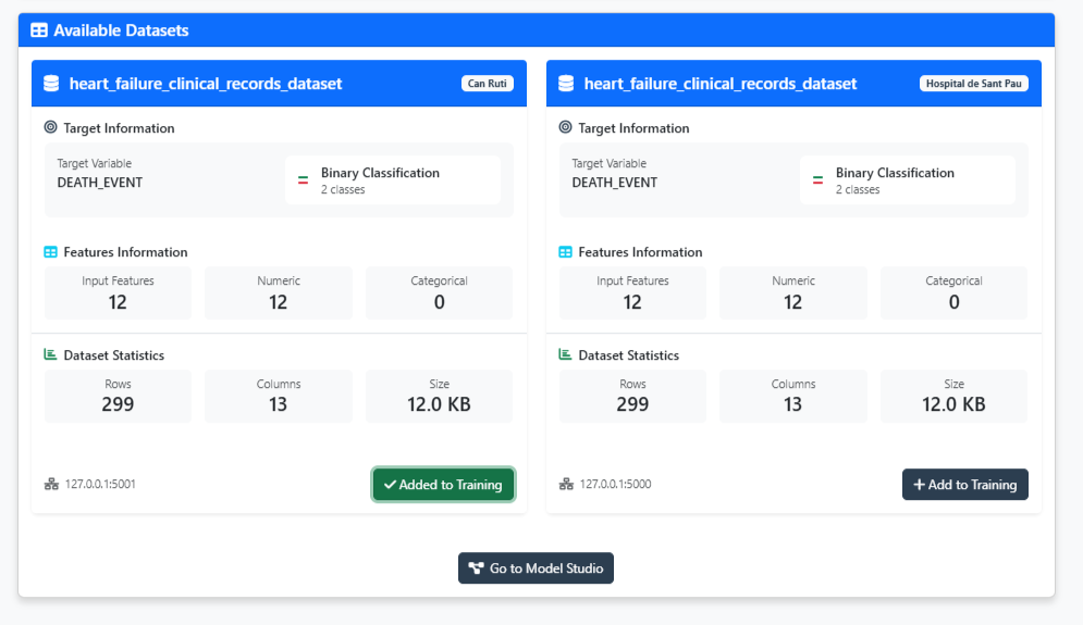 Training dataset selection interface showing compatible datasets with data balance indicators and multi-institutional selection options
