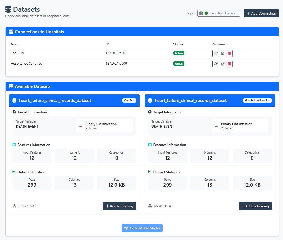 Dataset discovery view showing automatically detected datasets organized by hospital with metadata including rows, columns, and data types