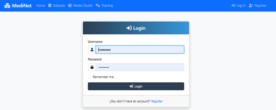 MediNet login screen with email and password fields, remember me option, and secure authentication