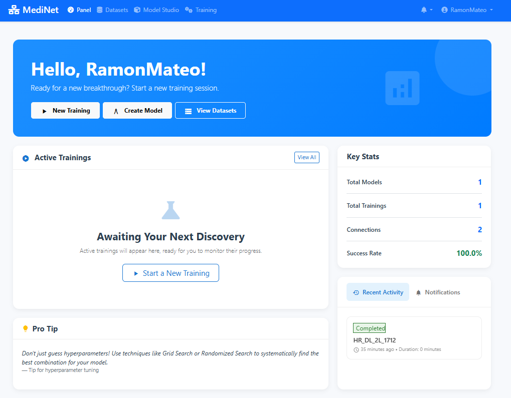 MediNet main dashboard showing statistics panel, recent activity, notifications center, and quick action buttons