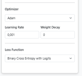 Model configuration panel showing optimizer (Adam), learning rate (0.001), and loss function (Binary Cross Entropy with Logits) settings