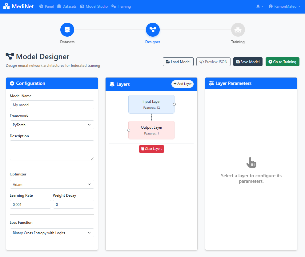 Complete model designer interface showing layer palette, drag-and-drop canvas, and configuration panel for neural network architecture