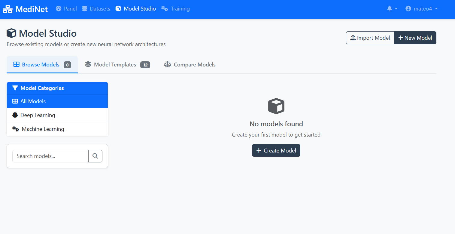 Model Studio interface showing empty workspace with 'No models found' message and Create Model button
