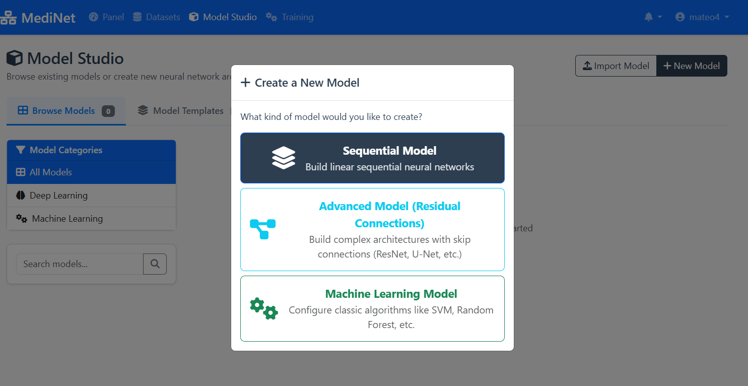 Create a New Model dialog showing three options: Sequential Model, Advanced Model with Residual Connections, and Machine Learning Model