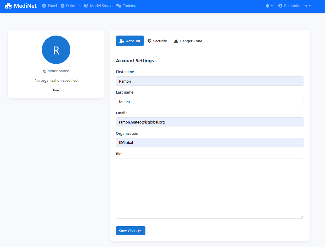 Profile configuration panel showing professional details, notification preferences, and avatar upload options