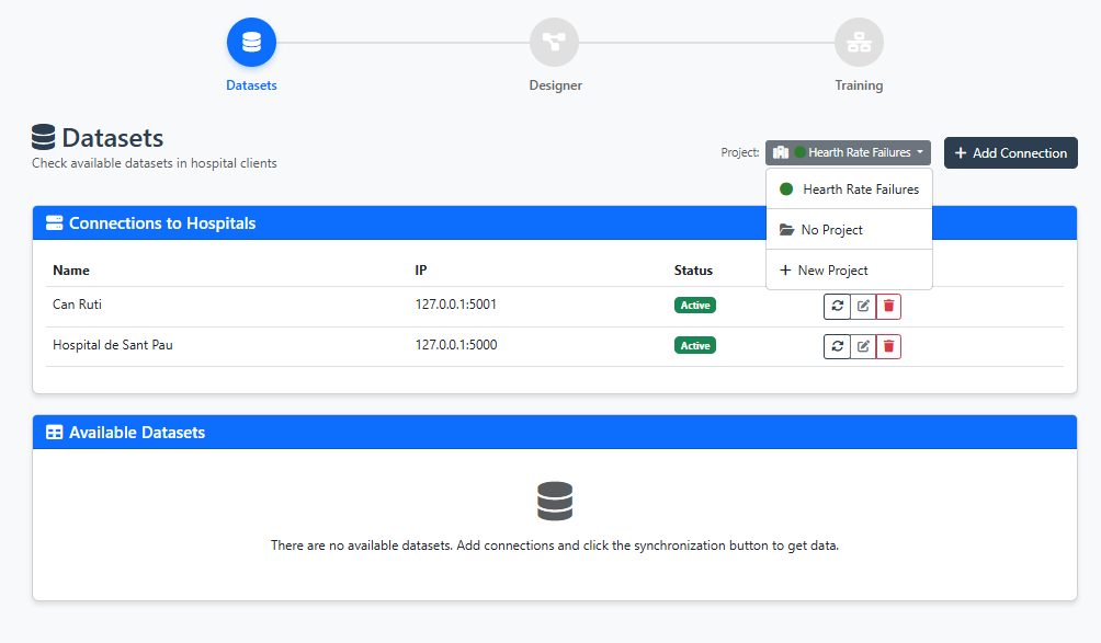 Project management interface displaying active projects list with edit, delete, and collaboration options
