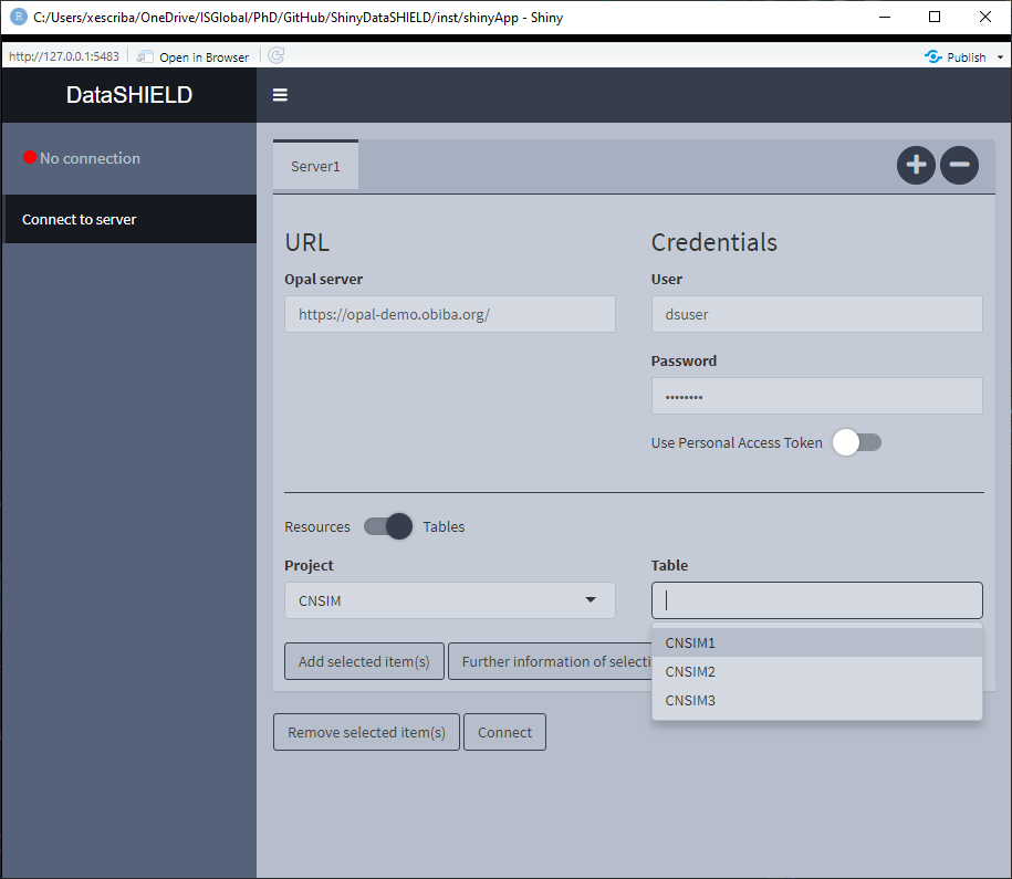 Connect to server, selecting tables and resources