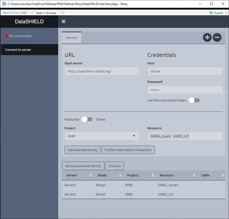 Connect to server. Single resource / table approach