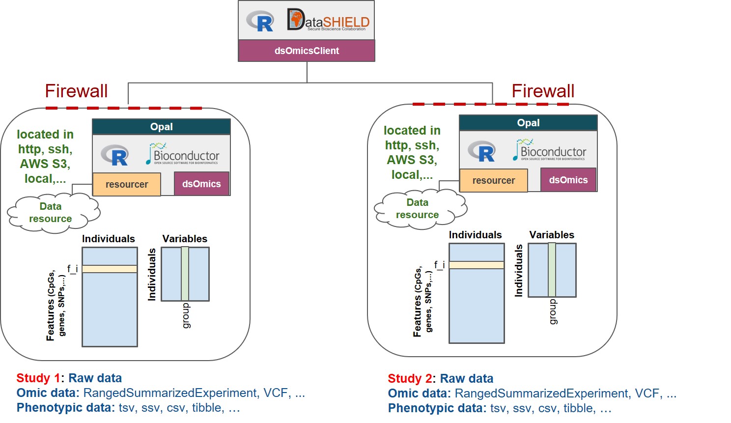 Non-disclosive omic data analysis with DataSHIELD and Bioconductor. The figure illustrates how the `resourcer` package is used to get access to omic data through the Opal servers. Then DataSHIELD is used in the client side to perform non-disclosive data analyses.