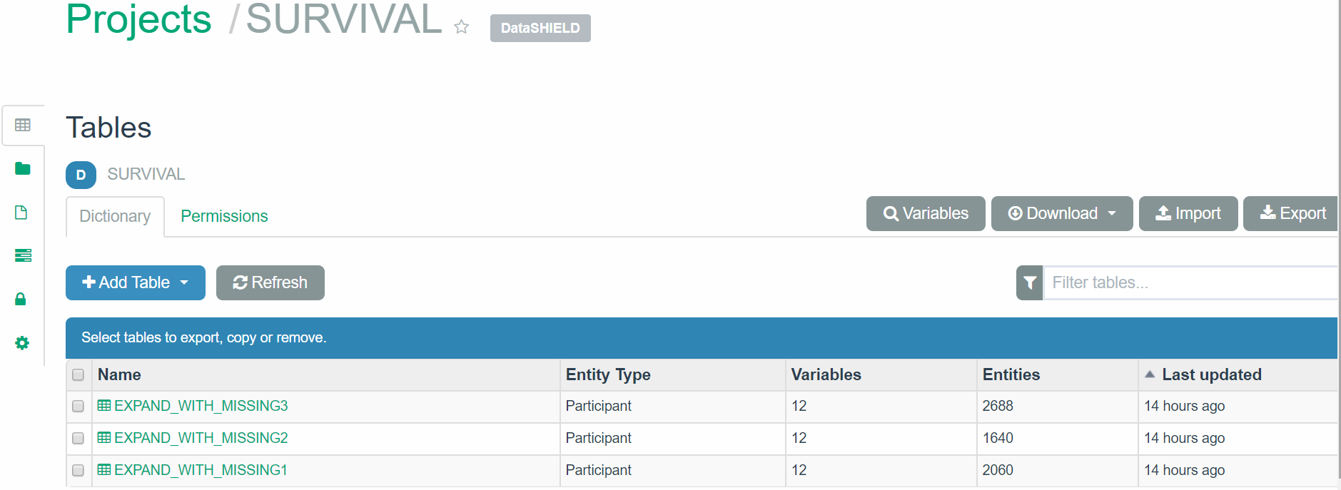 Tables available in the SURVIVAL project from our Opal example (https://opal-demo.obiba.org/)